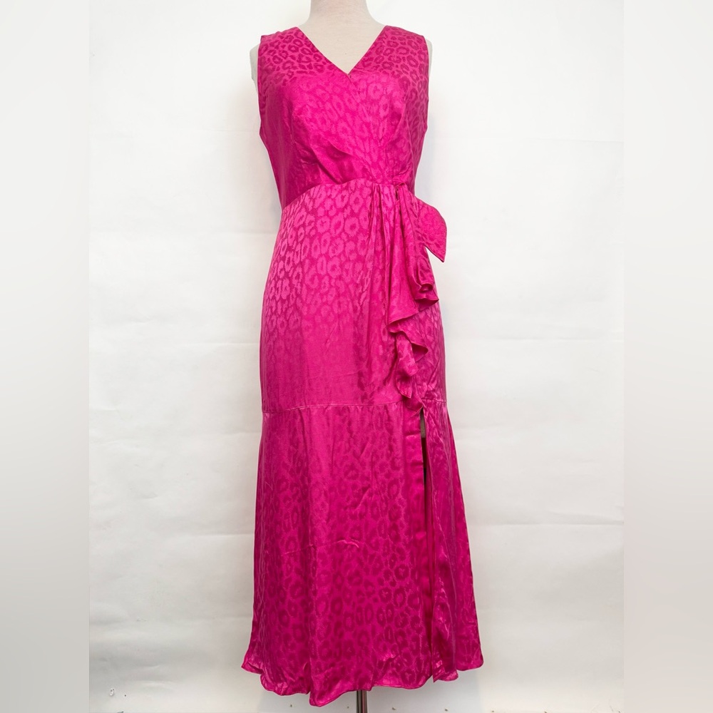 Milly Vibrant Neon Pink Leopard Cheetah Maxi Silky Faux Wrap Dress size 10